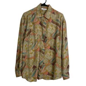 Rouie Women's Silk Blouse Size 12 Button Up Shirt Top Multi Vino Wine Print
